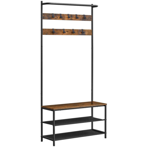 Perchero de pasillo con banco y zapatero 9 ganchos extraíbles barra para colgar en la entrada/dormitorio estilo industrial marrón 120006393