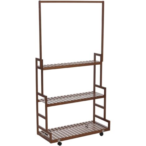 Perchero Burro De Bambú Relaxdays Con Ruedas, 2 Estantes Para Zapatos Y 4 Ganchos, Medidas 166x84x45 Cm, Capacidad De Carga 7 Kg En Barra, Fácil De Mover