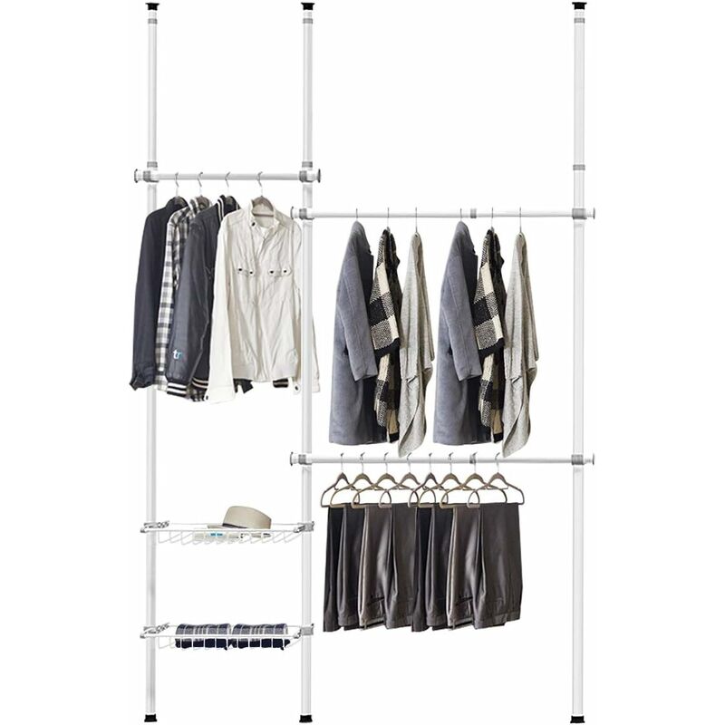 

Perchero de Ropa Telescópico Sistema de Guardarropa con Barra para Ropa,2 Cestas Barra Perchero para Ropa Zapatos Organizador para Salón Dormitorio