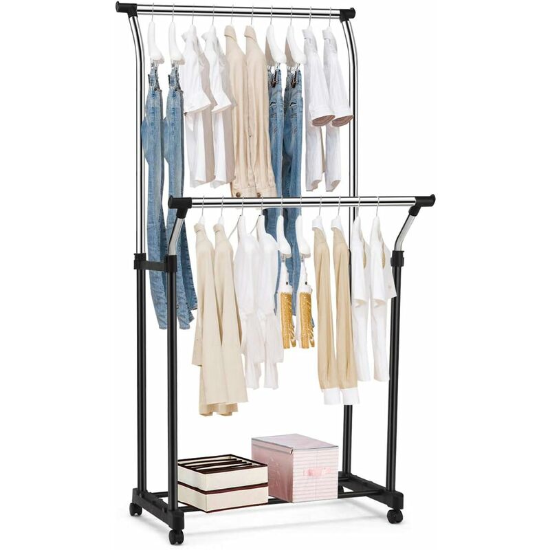 

Perchero Doble Perchero con 2 Barras Regulables y Extensible con Ruedas paraRopa y Zapatos Perchero Estable para Casa/Camerino/Tienda