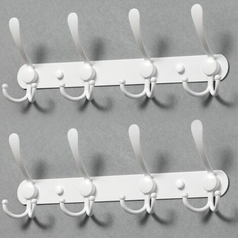 Perchero, ganchos para abrigos, ganchos de pared, 2 piezas, 4 ganchos dobles, ganchos para ropa, perchero de pared, toallero robusto, acero inoxidable para cocina, baño, blanco