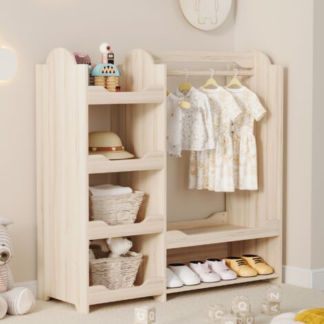 Perchero infantil con 4 estantes y barra de colgar diseño accesible MDF 110x39x110cm color natural