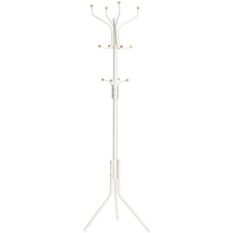 Perchero metálico para entrada, independiente, 182 cm, con 12 ganchos redondeados, para ropa, abrigos, sombreros y bolsos, color blanco.
