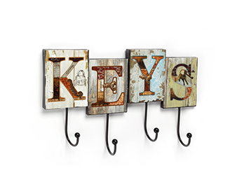

Perchero de pared adhesivo y atornillable, estilo decorativo, fabricado en hierro, con ilustrado de letrero KEYS y 4 perchas