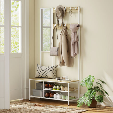 Perchero Zapatero con Espejo 3 Estantes Banco 10 Ganchos Ajustables Estilo Moderno para Pasillo 98x34x186 cm Natural