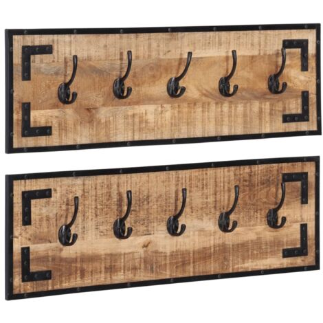 Percheros 2 uds madera maciza de mango rugosa 80x8x25 cm