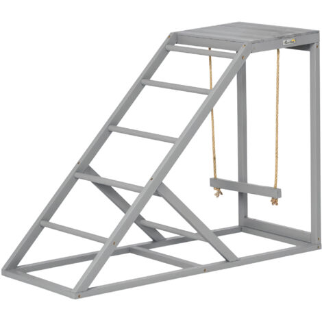 Perchoir en bois gris pour poules, aire de jeux avec balançoire, échelle et plateforme, 96 x 40 x 71 cm, espace de divertissement extérieur pour poulailler.