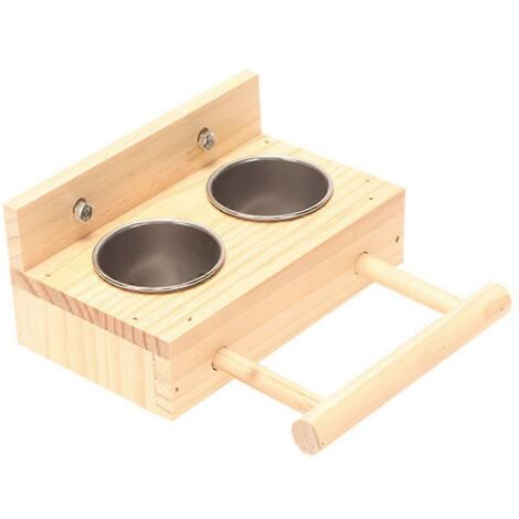 Perchoir en bois pour oiseaux avec coupelles d’alimentation, support pour cage d’oiseau, décoration pour perruche, jouet naturel pour volière.