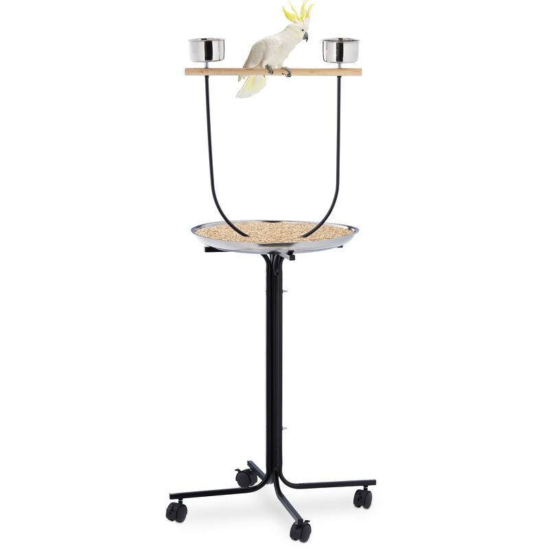 Perchoir perroquet, XL, barre, 2 mangeoires, bac récupérateur, à roulettes, métal, accessoire oiseaux, noir