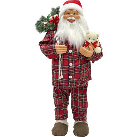 Père Noël 90H cm avec pyjama rouge écossais 144252 avec mini lumières et sons