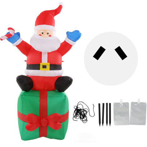 Père Noël Gonflable Lumineux LED 180cm avec Bâton Assis sur Boîte Cadeau - Décoration Extérieure Noël 100-240V Prise AU