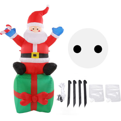 Père Noël Gonflable Lumineux LED 180cm avec Bâton Assis sur Boîte Cadeau - Décoration Extérieure Noël 100‑240V Prise UE