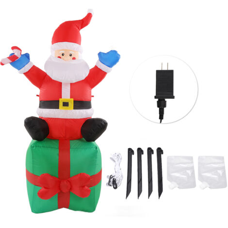 Père Noël Gonflable Lumineux LED 180cm avec Bâton Assis sur Boîte Cadeau - Décoration Extérieure Noël 100‑240V Prise US