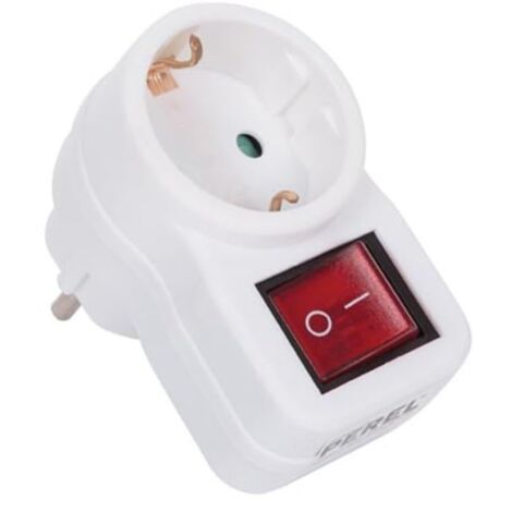 Perel Adattatore con interruttore, presa con morsetti di terra (Schuko, tipo F), polipropilene, uso interno, bianco