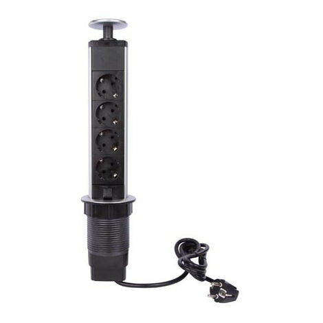Perel Bloc multiprise escamotable, 4 prises schuko (type F), diamètre 71 mm, usage intérieur, noir/gris - noir;gris