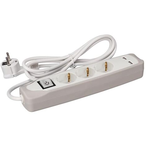 Perel Bloque multiplicado con Interruptor, 3 enchufes Schuko (Tipo F), 2 Puertos USB, 1.5 m, 3g1.5, Uso Interno, Blanco