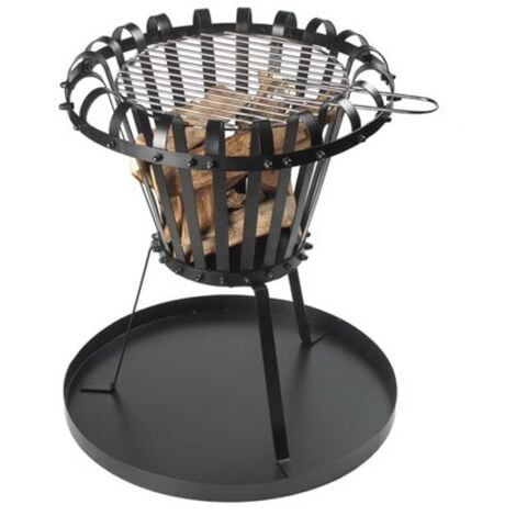 TOOLLAND Perel Brasero, avec grille chromé, bac à cendres, rond, 53.5 x Ø 50 cm, métal revêtu, noir