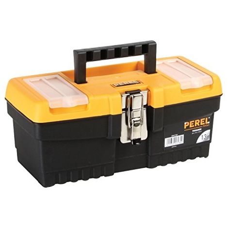 Perel – Caisse plastique 32 x 15,5 x 13,9 cm – Bac amovible et organiseurs – Loquets métalliques pour rangement sécurisé – Polypropylène noir