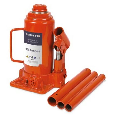 Perel – Cric bouteille hydraulique 10 tonnes – Plage de levage 205-390 mm – Acier orange – Compact pour transport facile