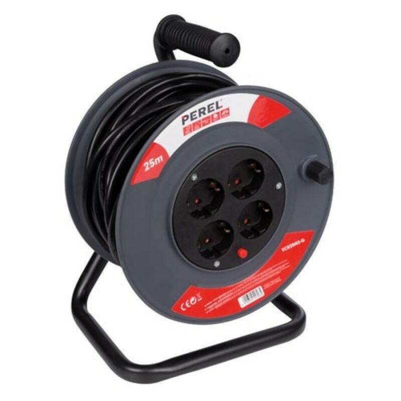 Perel Enrouleur de câble, usage intérieur, 4 prises schuko, protection thermique, 25 m, 3G1.5, gris