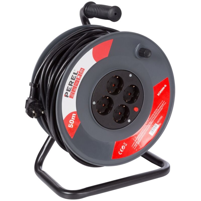 Perel – Enrouleur électrique 50 m – 4 prises Schuko – IP20 – Câble H05VV-F 3G1.5 – 230V – 16A – Pour usage intérieur
