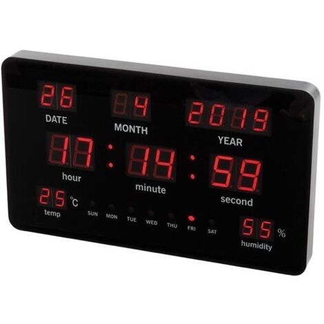 Perel Horloge mural numérique noir, grand écran LED 37.5x25.5cm, LED rouges, horloge numérique avec calendrier, heure, date, température et humidité, thermomètre et hygromètre, pour bureau, atelier et