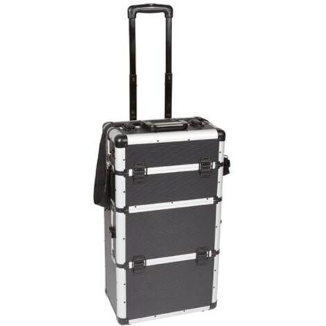 Perel – Mallette à outils à roulettes aluminium noire – 3 compartiments avec organiseur – Serrure à clé – Dimensions 370 x 225 x 670 mm – 66,9 L