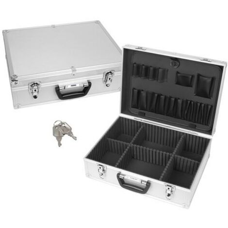 Perel – Mallette de rangement aluminium 457 x 330 x 152 mm – Séparateurs amovibles – 2 clés – Panneau porte-outils – Bandoulière incluse