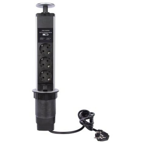 Perel – Multiprise encastrée 3 prises schuko – 2 ports USB 5V 2.1A – Puissance 3680W – Longueur câble 1,4m – Installation facile