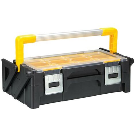 Perel Organiseur à outils, polypropylène, 2 niveaux, avec poignée en aluminium, système cantilever, protection anti-basculement, 18 godets, fermetures métalliques, noir/jaune, 455 x 240 x 140 mm