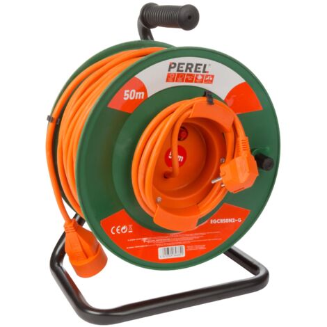 Perel – Rallonge électrique sur enrouleur 50 m – Câble H05VV-F 3G1.5 – Prise Schuko – Protection thermique IP20 – Usage intérieur