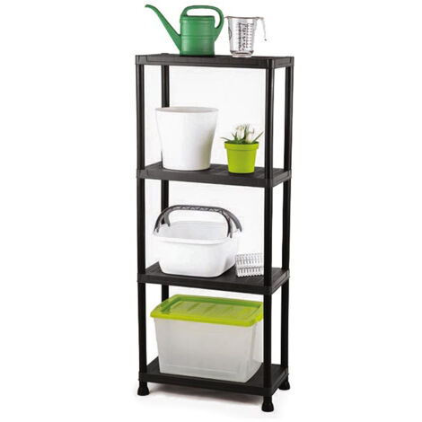 Perel Regal mit 4 Ablagen, werkzeuglose Montage, mit Wandbefestigung, 20 kg pro Ablage, 60x30x138 cm, Polypropylen, schwarz, ideal für Garage, Küche und Büro