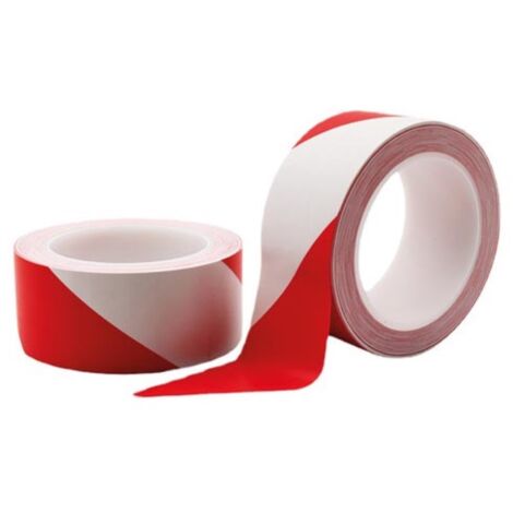 Perel Ruban de marquage 5 cm x 33 m, ruban de signalisation rouge blanc, ruban adhésif PVC pour sol, résistant à l’usure, haute visibilité, sans résidus, ruban de sécurité pour atelier et entrepôt