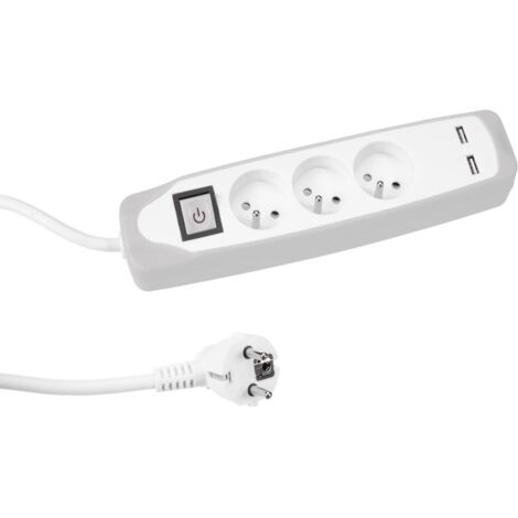 Perel Steckdosenleiste mit Schalter, 3 Steckdosen Typ E, 2 USB-Ladebuchsen, Kabel 1.5 m, 3G1.5, Innenbereich, Weiß