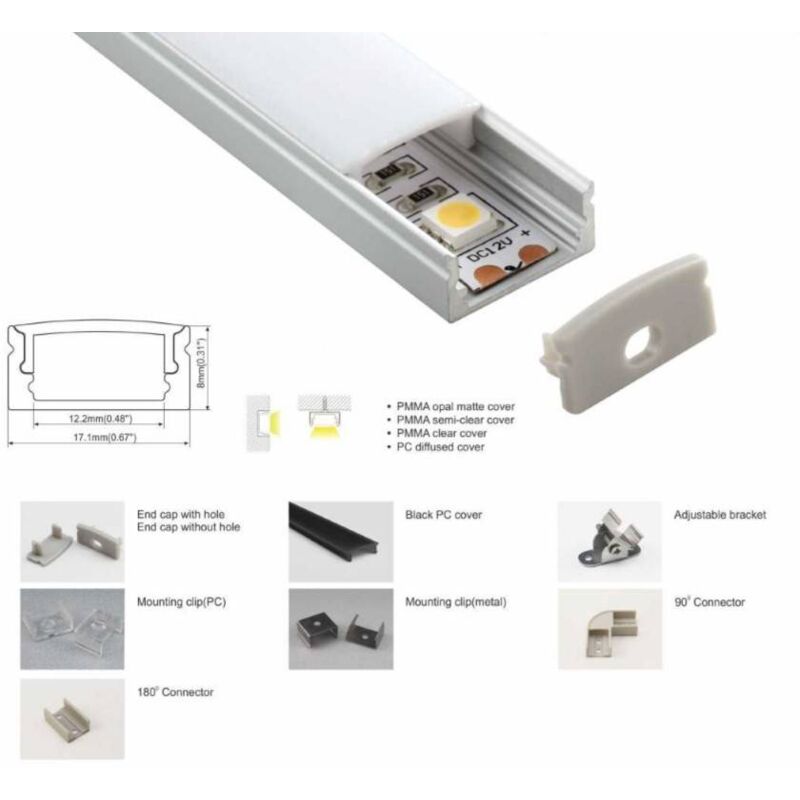 Barcelona Led - Perfil De Aluminio Para Tira led Superficie - 17x8mm - 1 ó 2 - Aluminio Plata