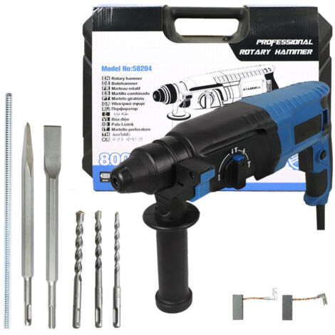 Perforateur à béton filaire 800 W 7 A à vitesse variable, 4 modes de perçage – Comprend 3 forets, un burin plat, un burin pointu et une mallette de transport.