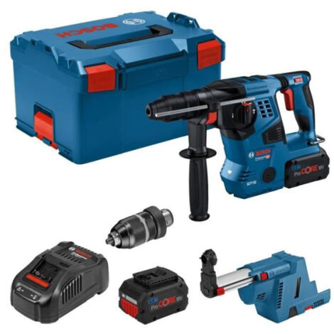 Perforateur Bosch Professional GBH 18V-28CF 3,3J avec dispositif d'aspi GDE 18V-16, 2 batt ProCore 8,0Ah, Chargeur, Llbox 061192