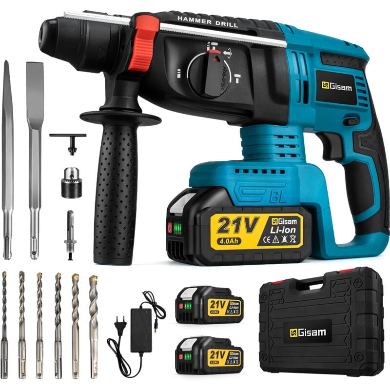 Perforateur Burineur 1500W 4J SDS-Plus 2X 4.0Ah batteries Livré avec 11 accessoires dans une boîte en plastique