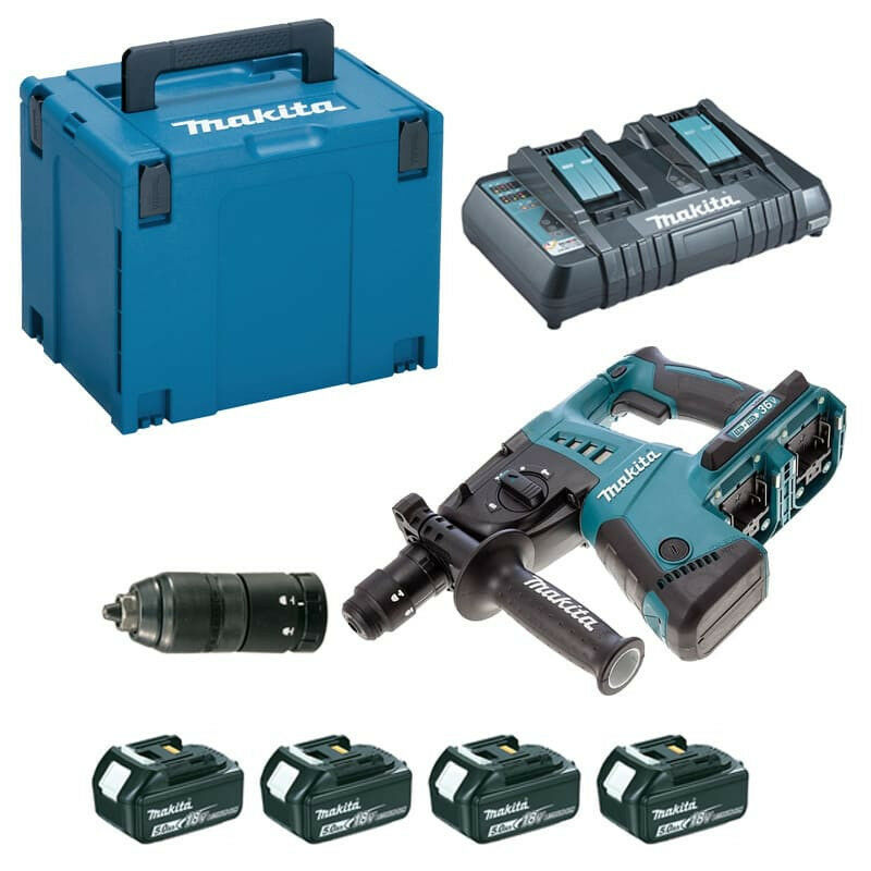 Makita - Perforateur-Burineur sds+ DHR264PT4J - 36V - 2x18V Li-ion 5Ah - 26mm - 4xbatteries - 1xchargeur rapide - 2 coffrets transport - accessoires