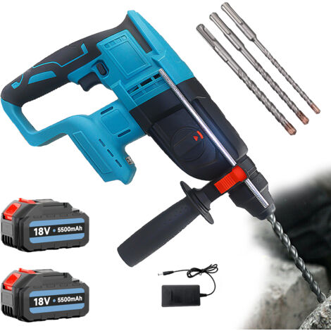 PEDONY Perforatori tassellatori,Trapano a percussione a batteria SDS+ da 1300 W, trapano rotante, 4 punte da trapano, 2 batterie da 5,5 A + caricabatterie, compatibile con batteria Makita.