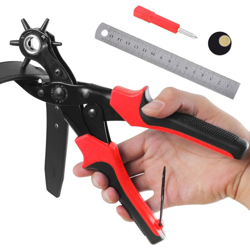 Perforatrice Cuir [Ensemble Parfait] Poinçon À Ceinture Professional, Avec 2 Plaques De Perforation Supplémentaires Et 1 Règle,6 Tailles - Rouge