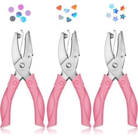 Perforatrice manuelle en métal à un trou (3 pièces) avec poignée souple rose et trous de 0,25 po (rond), 0,2 po (étoile) et 0,22 po (cœur).
