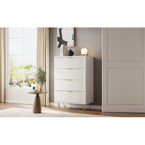 Pergar – Commode étroite 60 x 34 x 91 cm – 4 tiroirs – MDF blanc résistant à l'eau – Meuble de rangement pour salon, chambre, couloir