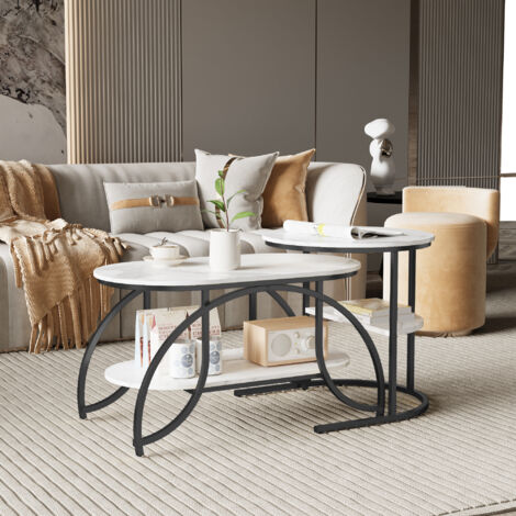 Petite Table Basse Marbre Diamètre 45 Cm - Style Salon, Piètement Bois