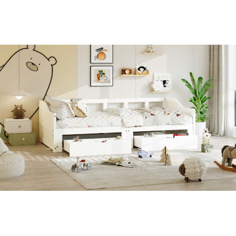 Pergar – Lit gigogne 90/180x200 cm en bois massif blanc – Canapé-lit multifonctionnel avec 2 tiroirs – Dimensions 202x100,5x60 cm