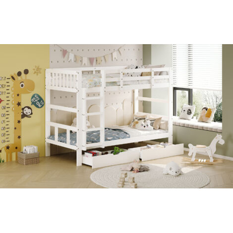 Pergar – Lit mezzanine 90x200 – 2 lits amovibles – 2 tiroirs de rangement – Bois de pin massif certifié FSC – Blanc – Hauteur 146,5 cm