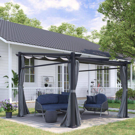 Pergola 2,97 x 2,95 m, pavillon hydrofuge avec pare-soleil, panneaux latéraux, couverture de terrasse, polyester, gris foncé