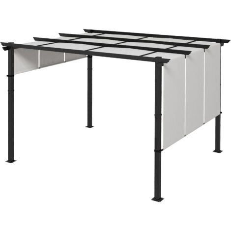 Pergola 3 toiles coulissantes - dim. 3,57L x 2,96l x 2,35H m - acier époxy noir polyester haute densité gris