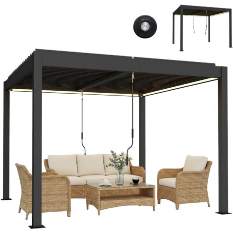Pergola 3x3 m Aluminium Terrassenüberdachung mit LED-Beleuchtung Fernbedienung verstellbar Lamellendach