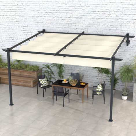 Pérgola 4x3 m Cenador de Jardín con Techo Retráctil de Poliéster y Marco de Acero Crema y Gris Oscuro